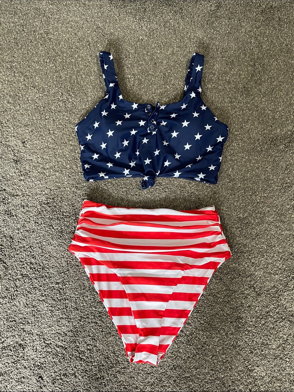 Zaful Navy Star Crop Tankini Top with Red Stripe High-Waist Bottoms size M